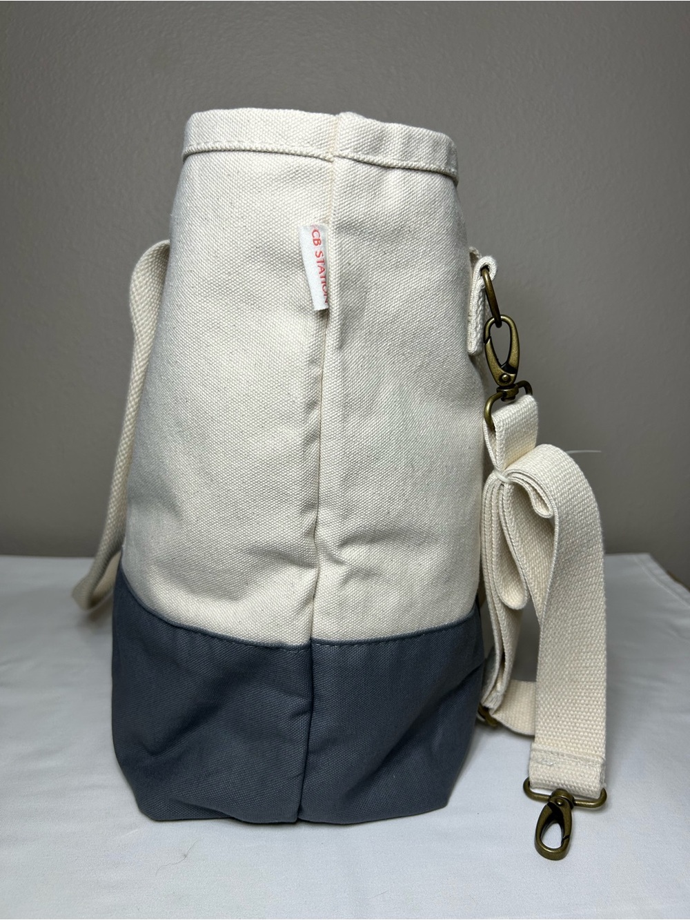 CB STATION Heavy Duty Canvas Two-Tone Cream Gray Utility Tote Bag Weekender - Picture 6 of 16